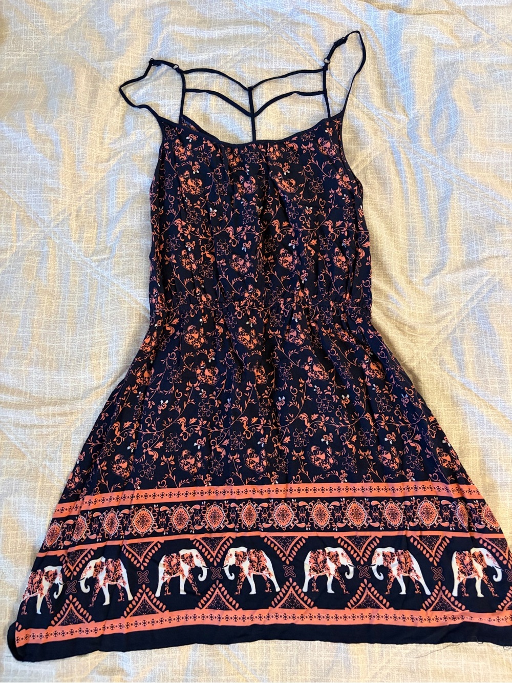 J for Justify Navy Elephant Boho Mini Dress, Strappy Neck, Size L